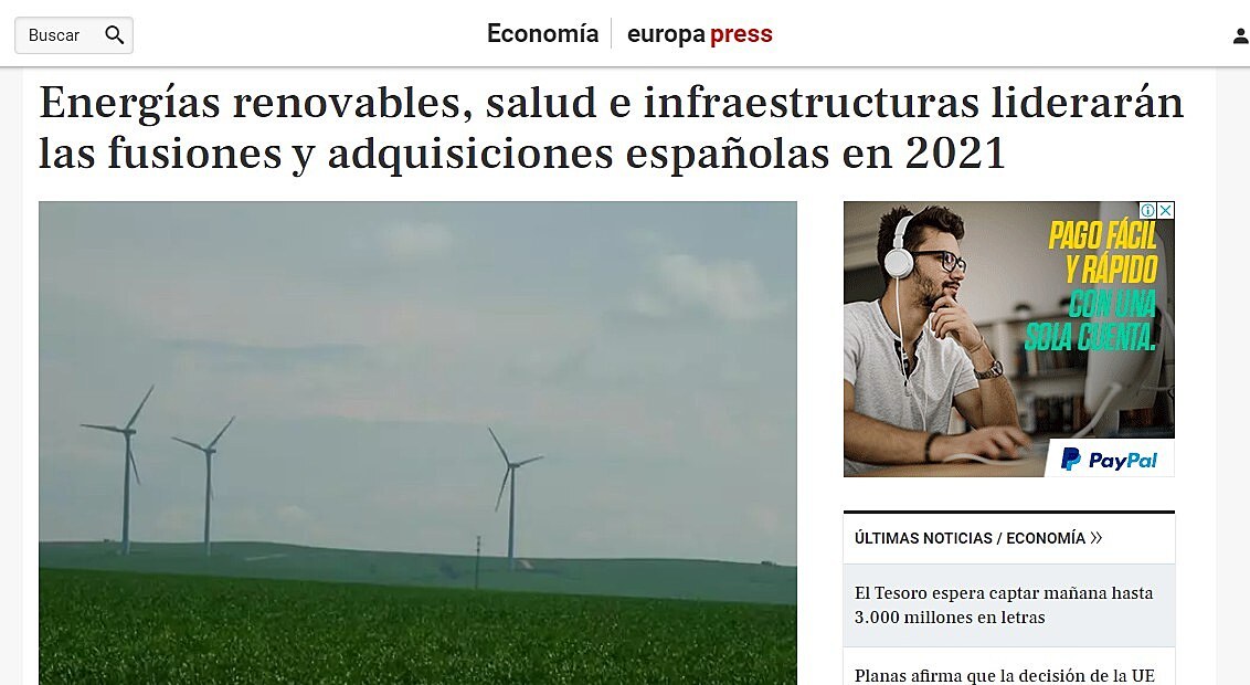 Energas renovables, salud e infraestructuras liderarn las fusiones y adquisiciones espaolas en 2021